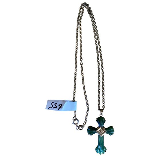 Vintage Green Cross Pendant Necklace With Silver-Tone Chain & Gold-Tone Accents - Picture 2 of 3
